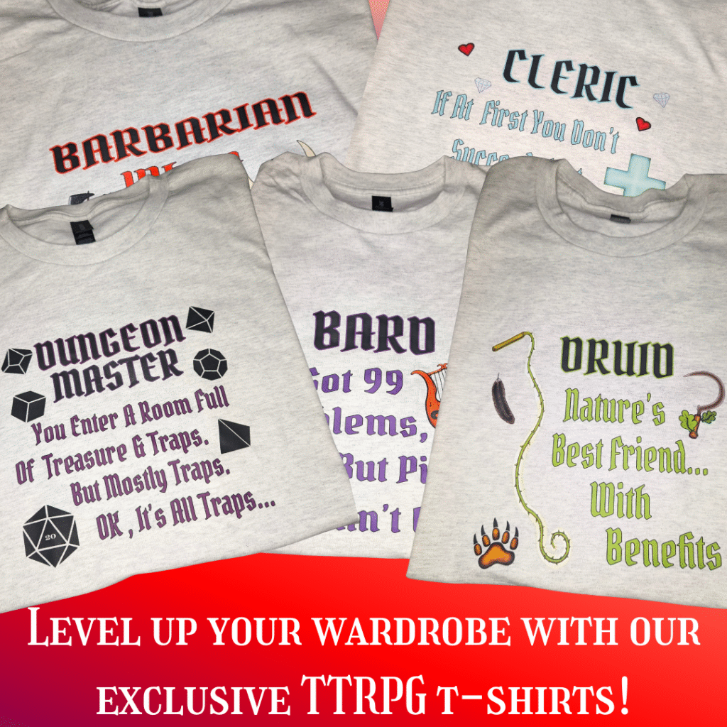 Features 4 different class shirts, and a Dungeon Master shirt.