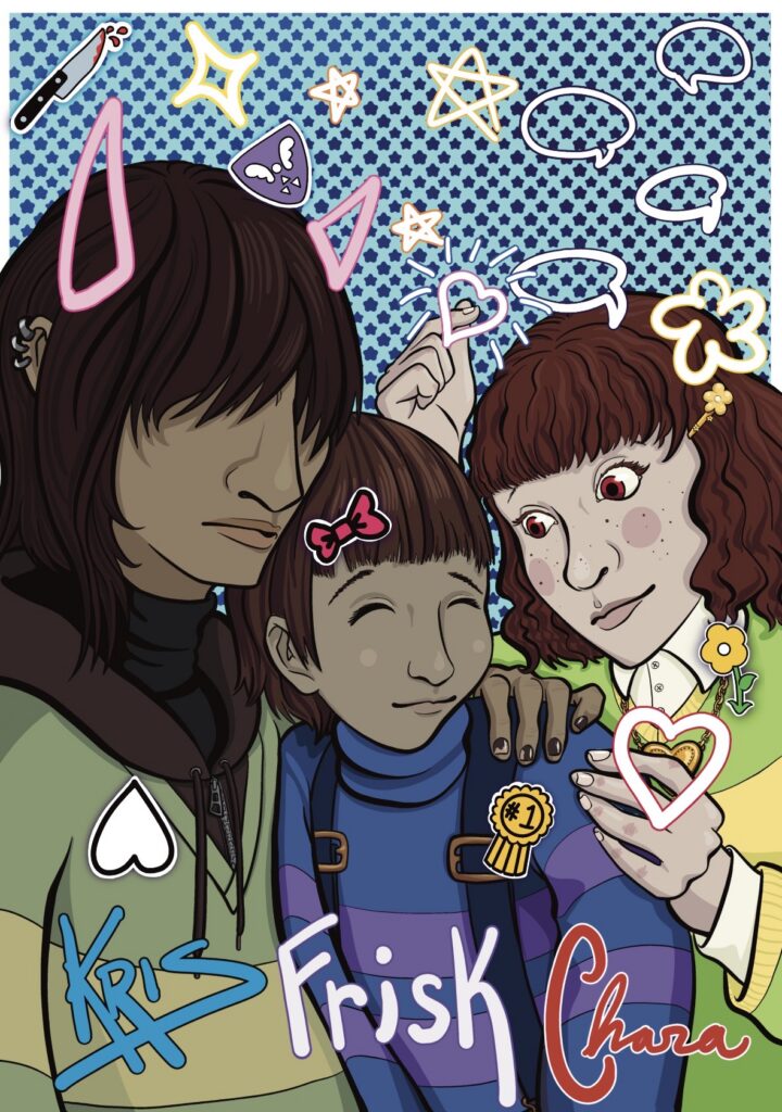 Art of Kris, Frisk, and Chara from Undertale and Deltarune posing as though in a print club booth.
