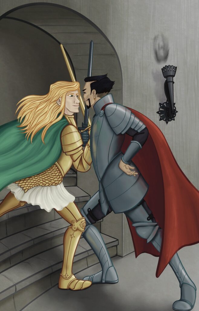 Art of Ambrosius and Ballister from Nimona locked in a swordfight