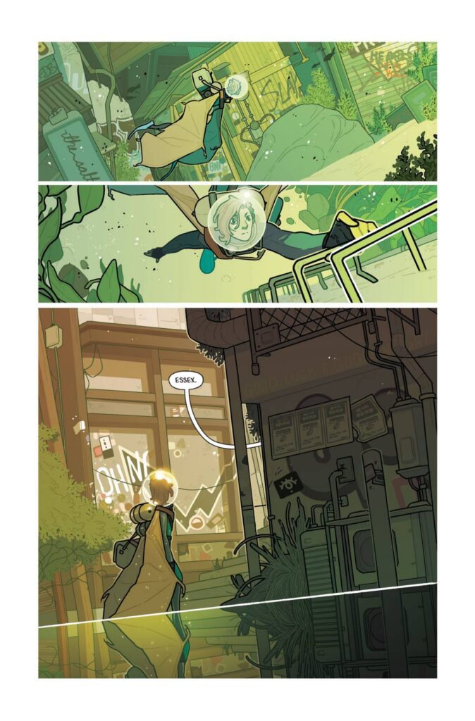 A page from BLACK CLOAK v2. It is a three panel page that shows the main character, Essex, swimming amongst modern ruins and then coming up to the surface.