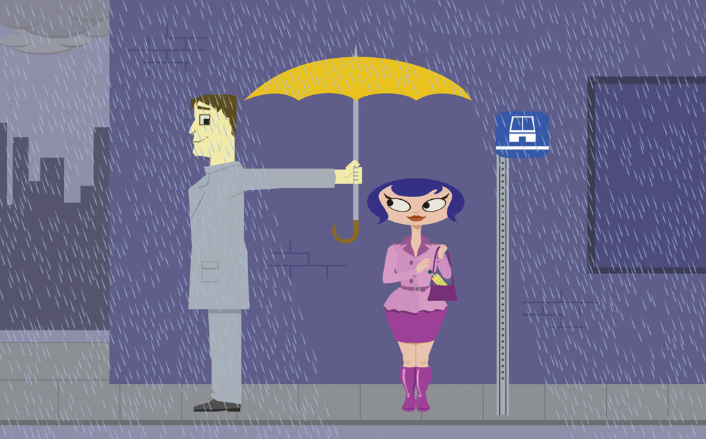 A couple at a bus stop in the rain