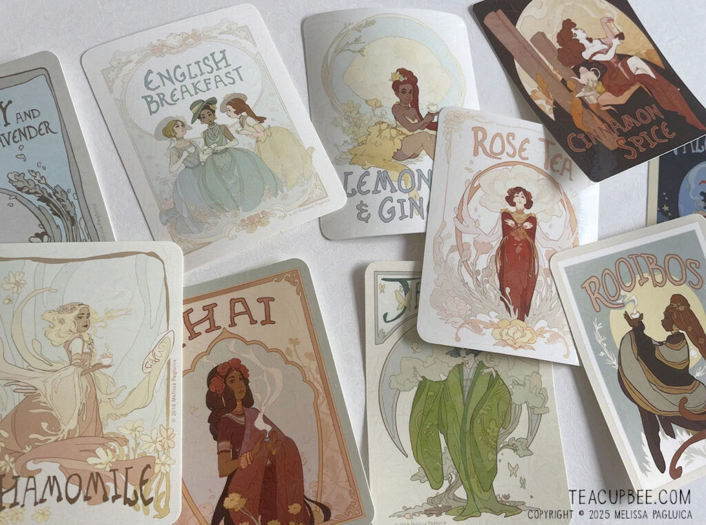Collection of different stickers spread out. Each sticker features a personification of a different tea