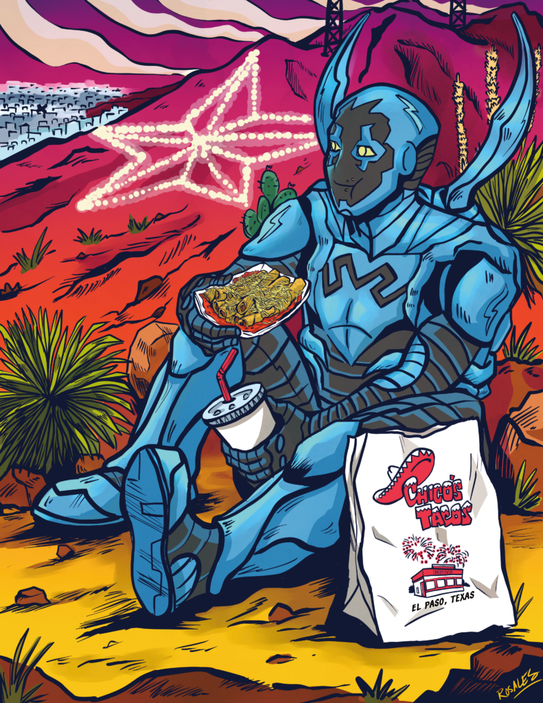 Blue Beetle (Jaime Reyes) takes a break looking over the night sky over El Paso, Texas