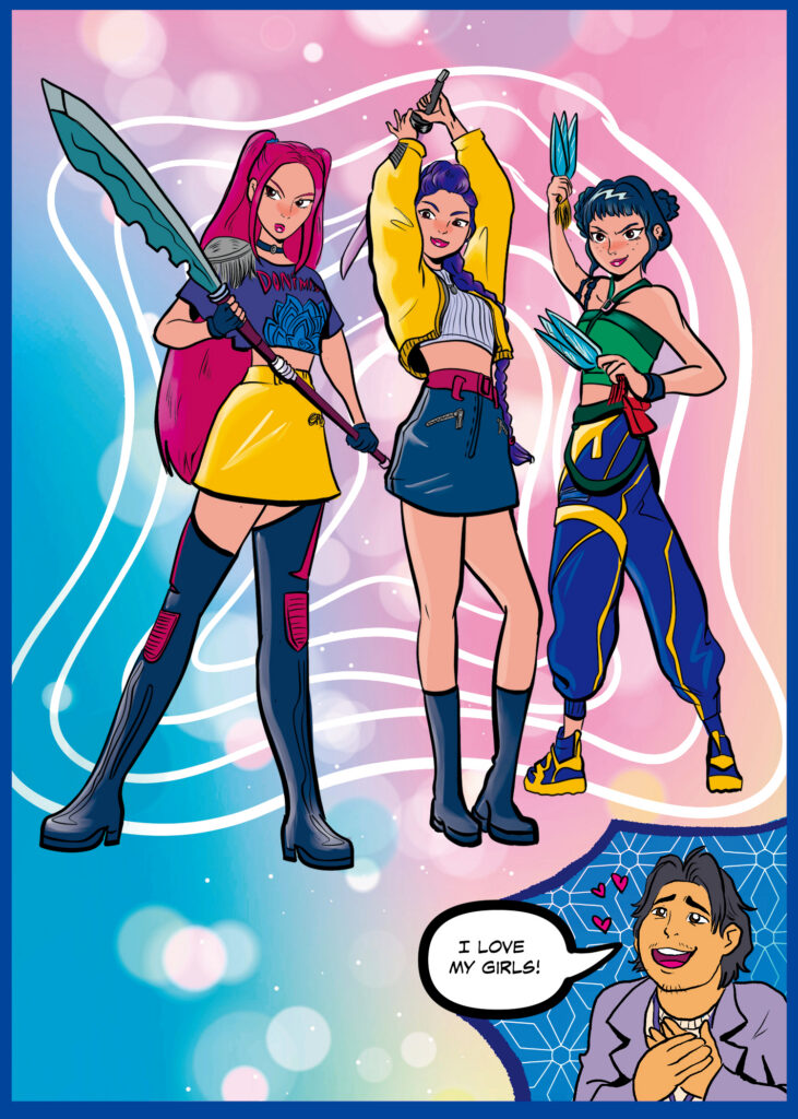 This KPop Demon Hunters fan art features Huntrix and Bobby, ready for a big show!