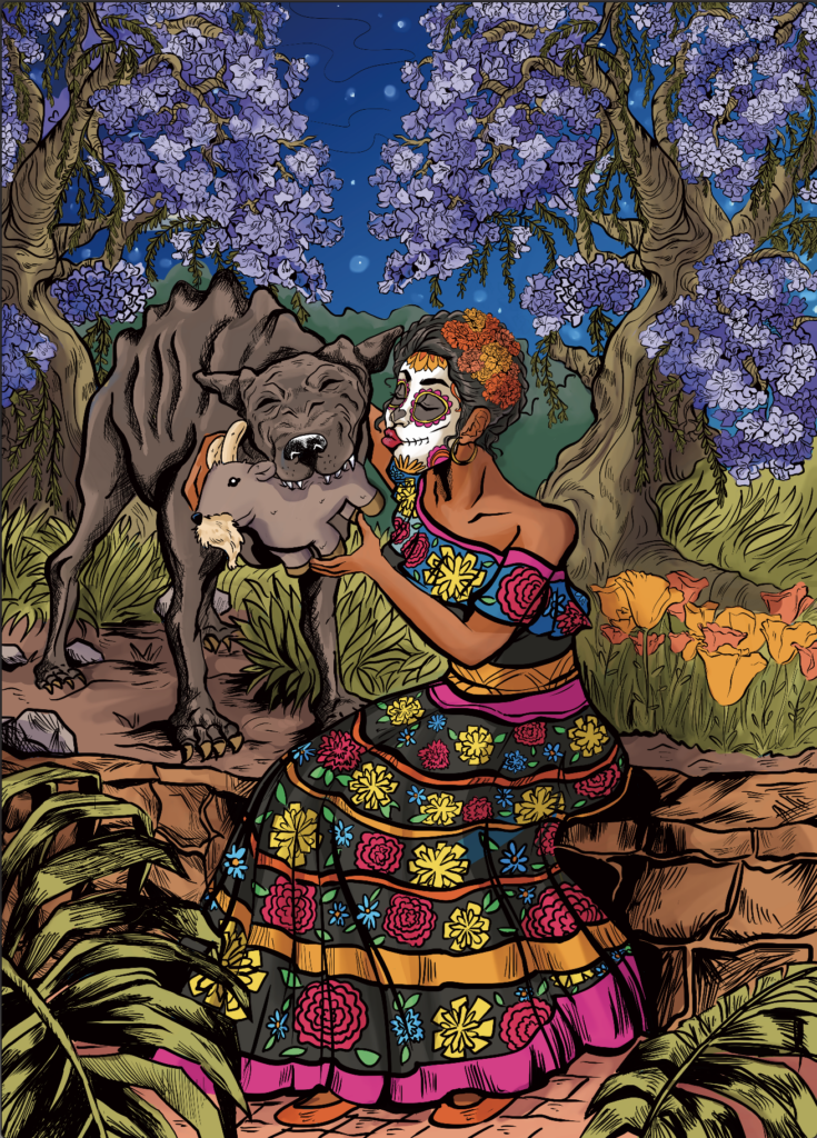 A dia de los Muerots maiden pets her beloved pet Chupacabra (a dog-like creature) and gifts him a chew toy shaped like a goat among the jacaranda trees.