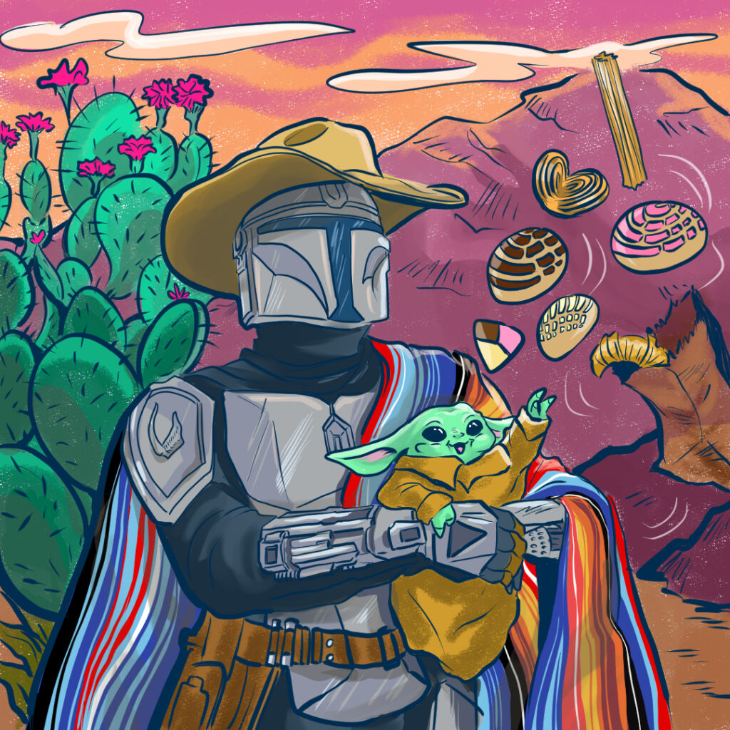 Mando in a wide brimmed hat and serape with little Grogu in the Mexican desert landscape. Grogu uses his jedi powers to bring delicious Mexican pan dulces toward him.