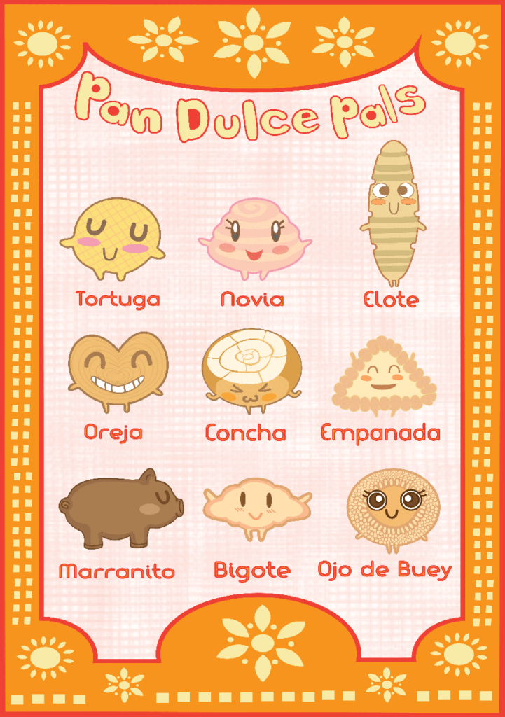Mexican pan dulce characters in a kawaii/cute aesthetic are all labeled on this poster of original characters created by Andrea called " The Pan Dulce Pals"