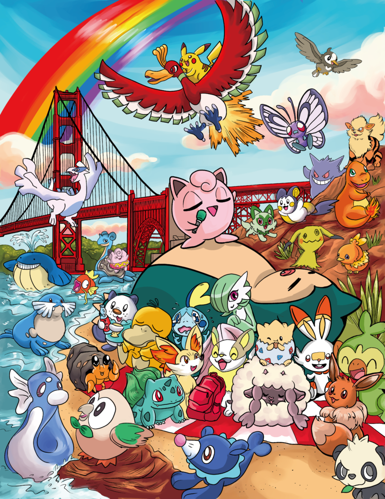 Plentiful Pokemon gather at Baker Beach at the Bay on a beautiful sunny day.