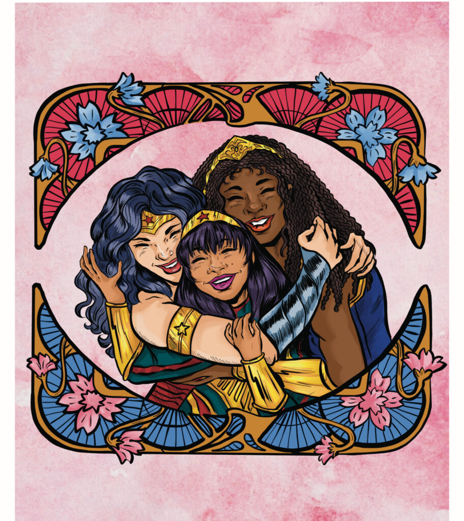Diana, Yara Flor, and Nubia embrace each other in sisterhood.