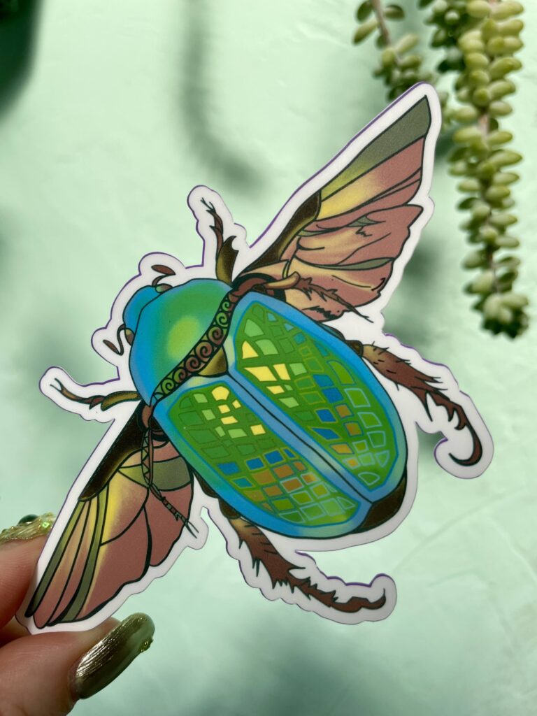 Green Scarob Beetle In Flight Glossy Water resistant Vinyl Sticker