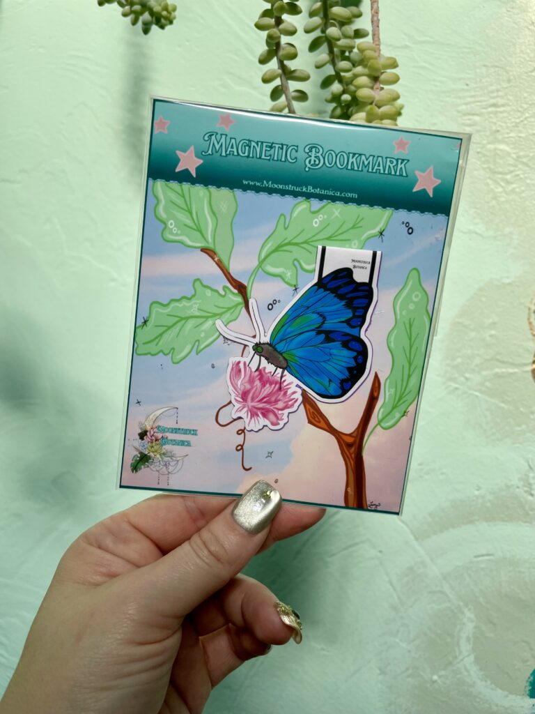Cerulean Blue Butterfly Resting on a Pink Flower Magnetic Bookmark